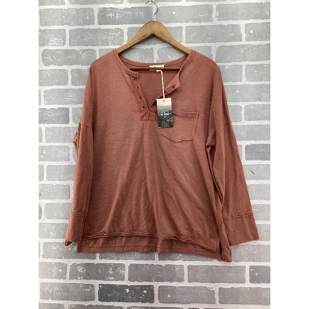 In Loom Vintage Wash Henley Top Rust Terracotta Long Sleeve Pocket Large NEW